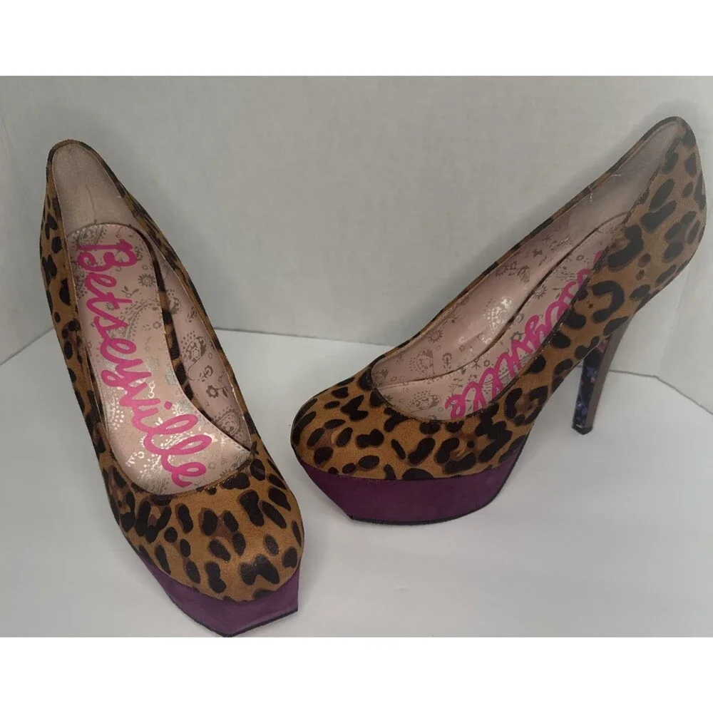 Betseyville Betsey Johnson Leopard Platform Pumps Womens 8 Purple Y2K Heels